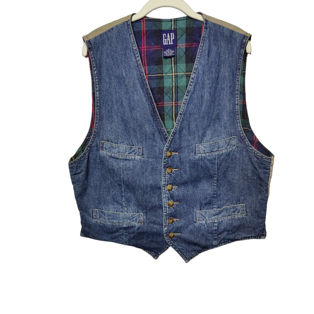 Vintage 90s Gap Sz M Denim Green Plaid Quilted Vest